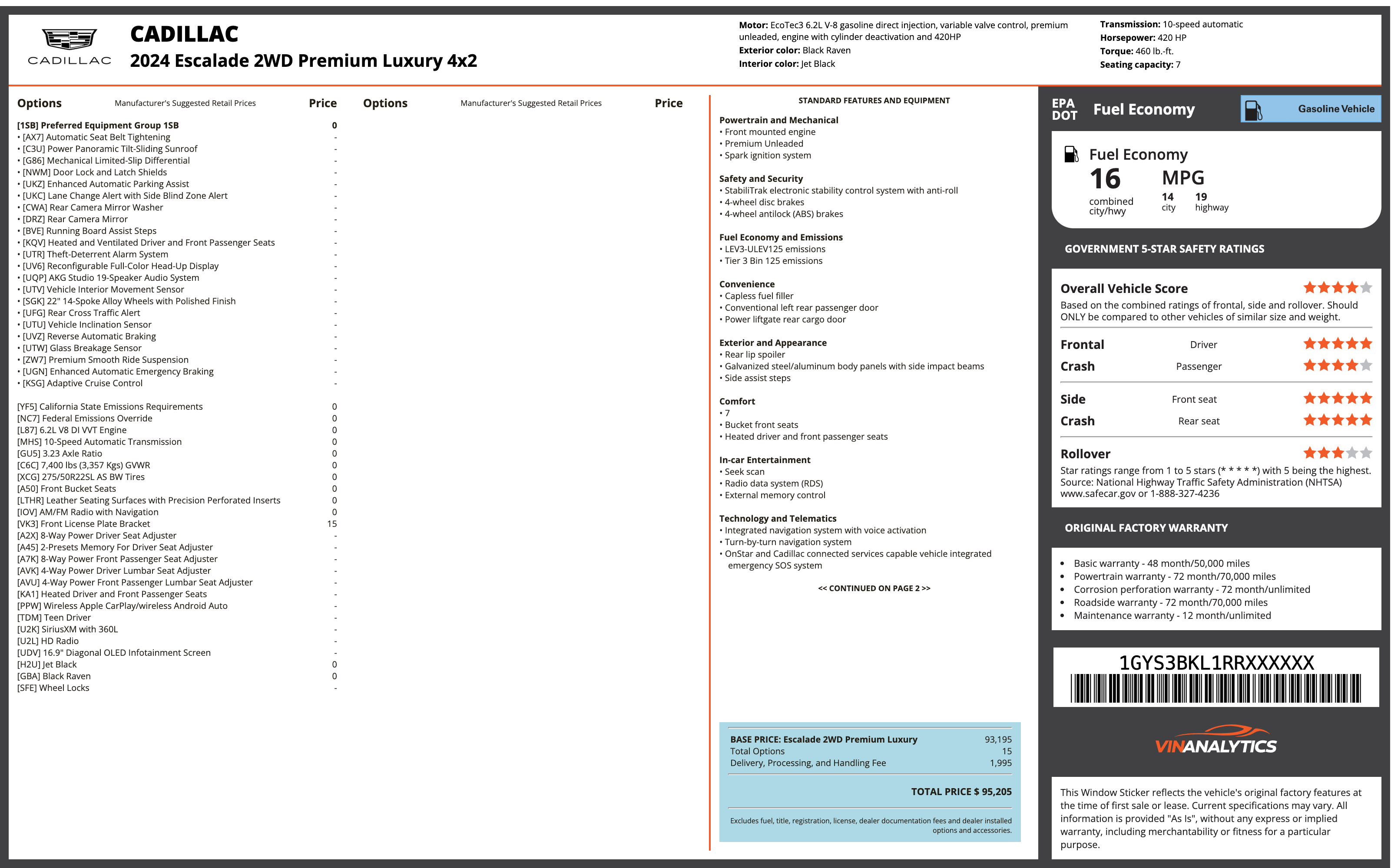 CADILLAC window sticker example showing MSRP and options