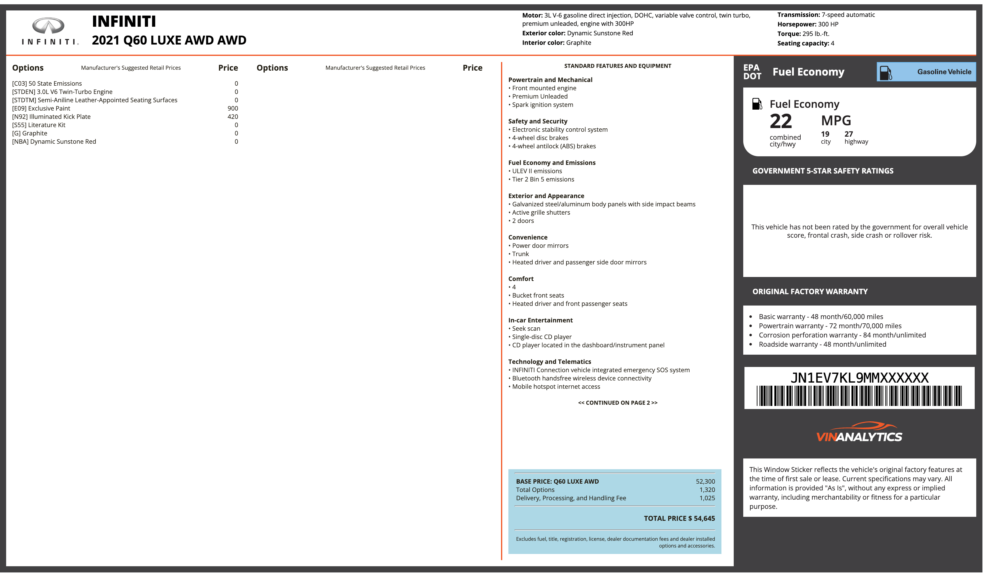 INFINITI window sticker example (Monroney label PDF)