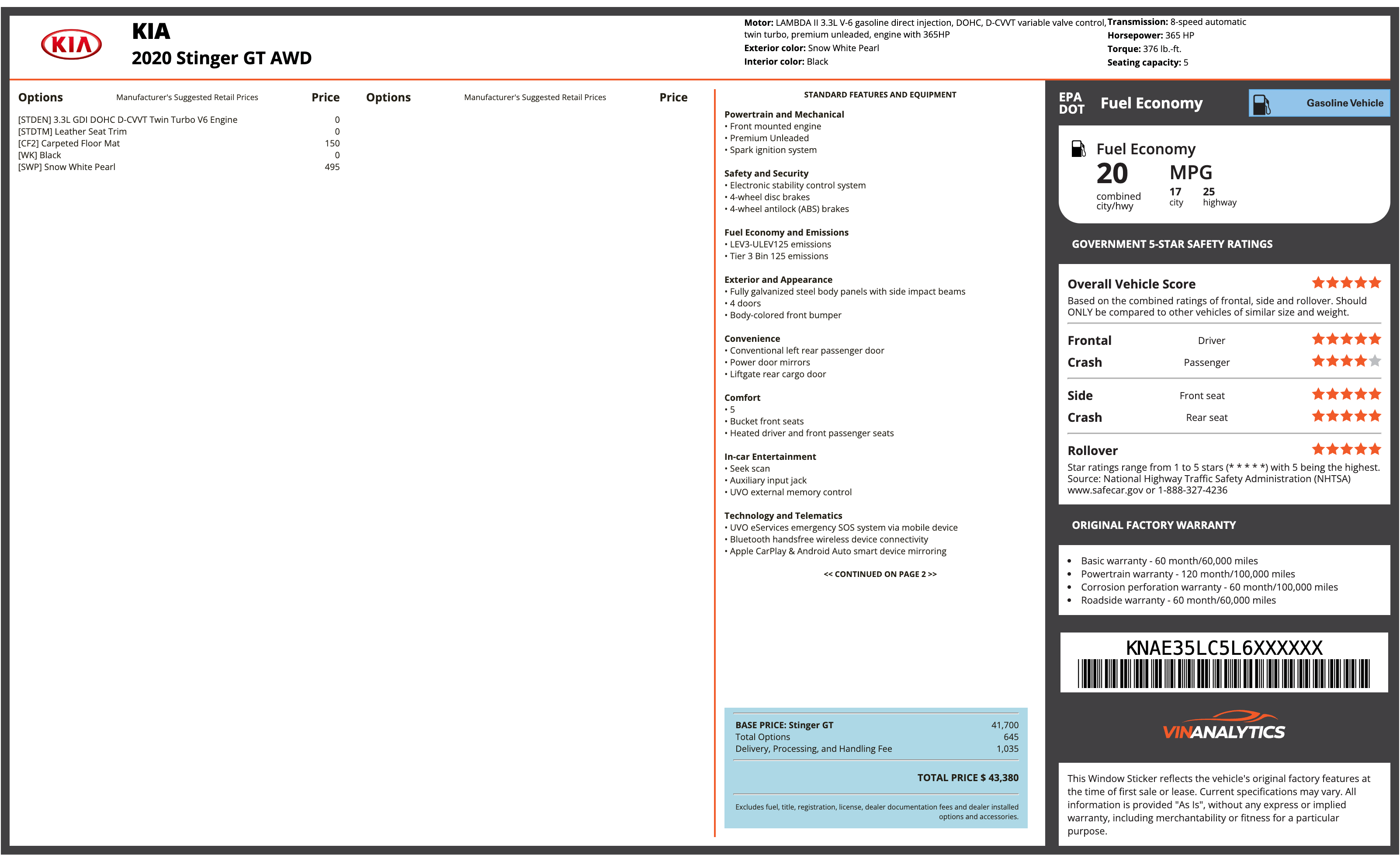 KIA window sticker example showing MSRP and options
