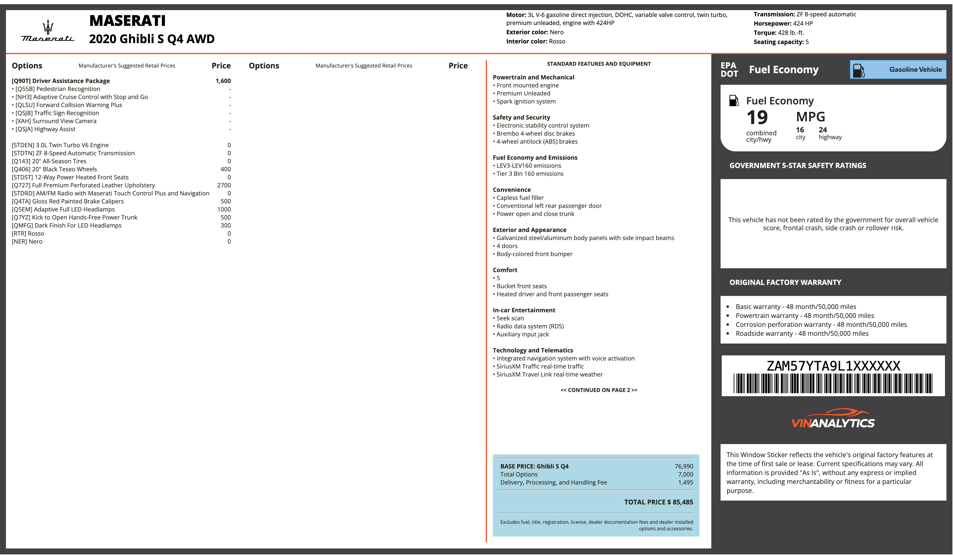 MASERATI window sticker example (Monroney label PDF)