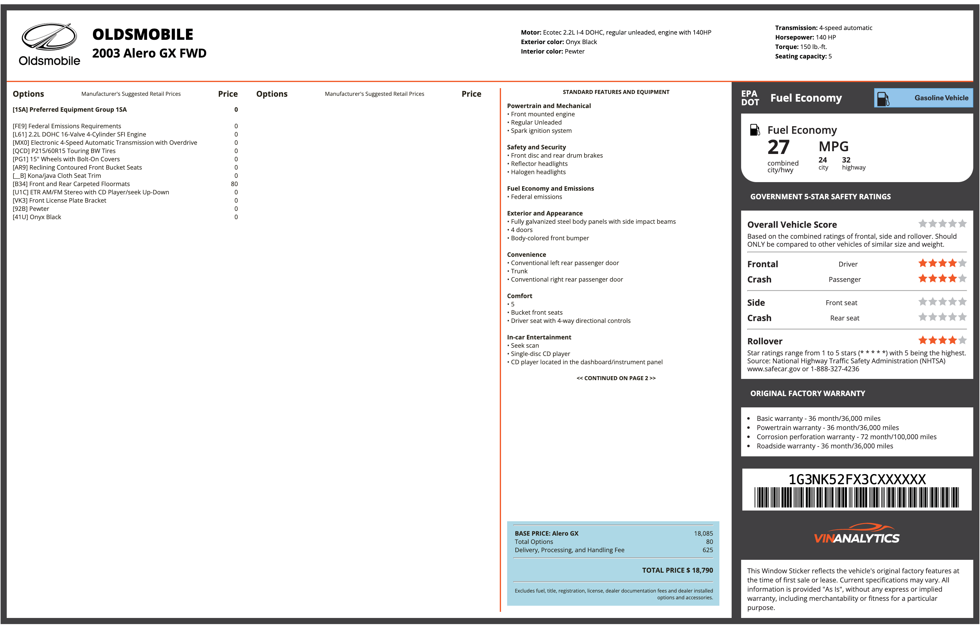 OLDSMOBILE window sticker example (Monroney label PDF)