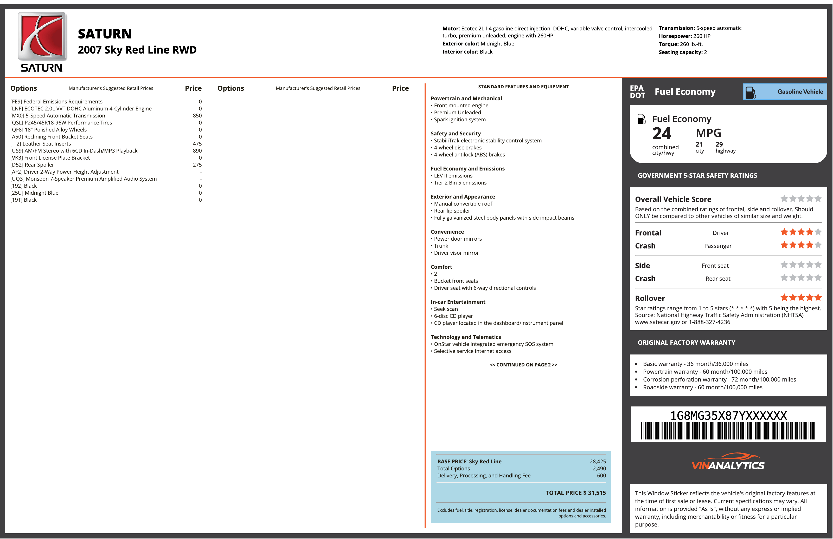 SATURN window sticker example (Monroney label PDF)