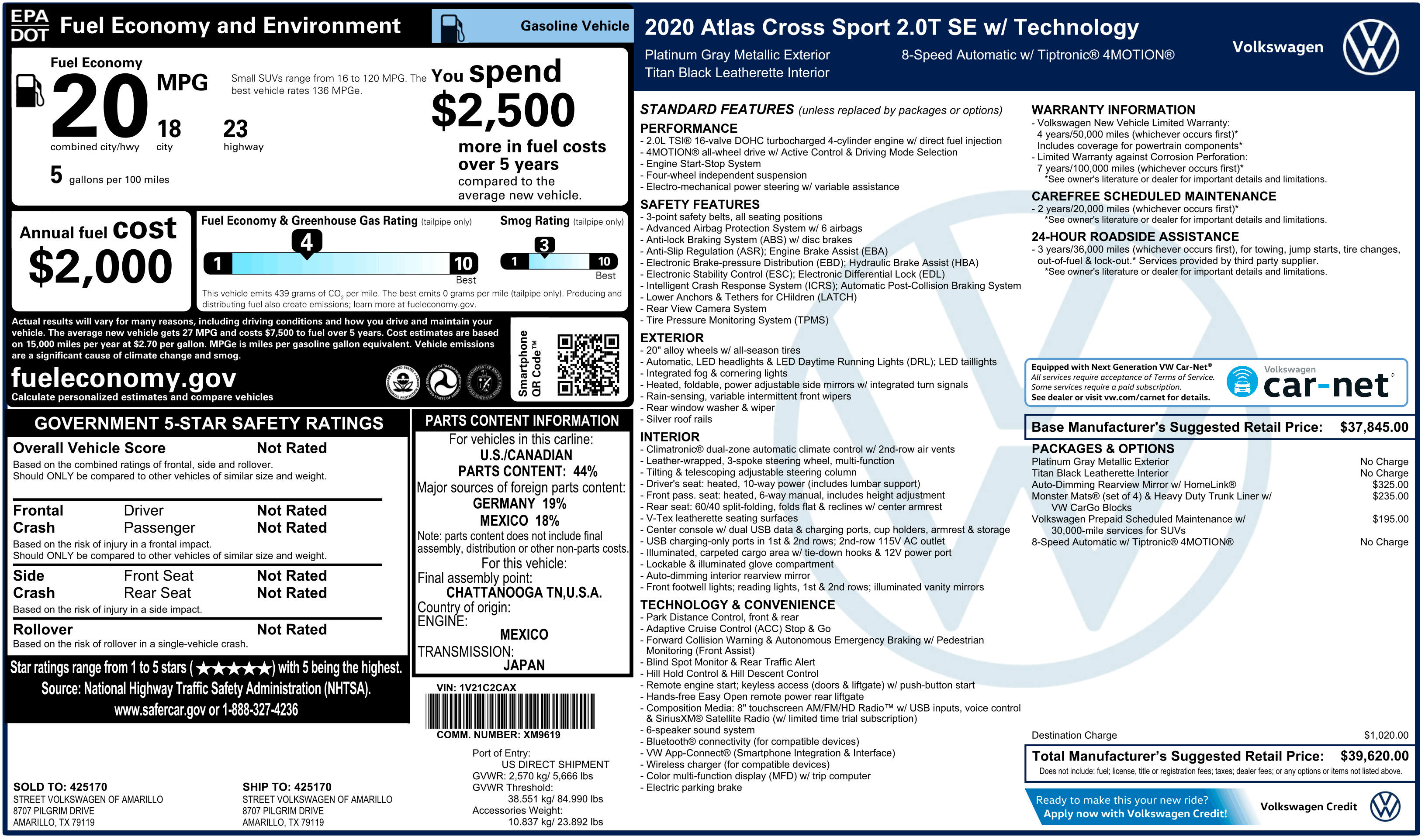 VOLKSWAGEN window sticker example (Monroney label PDF)