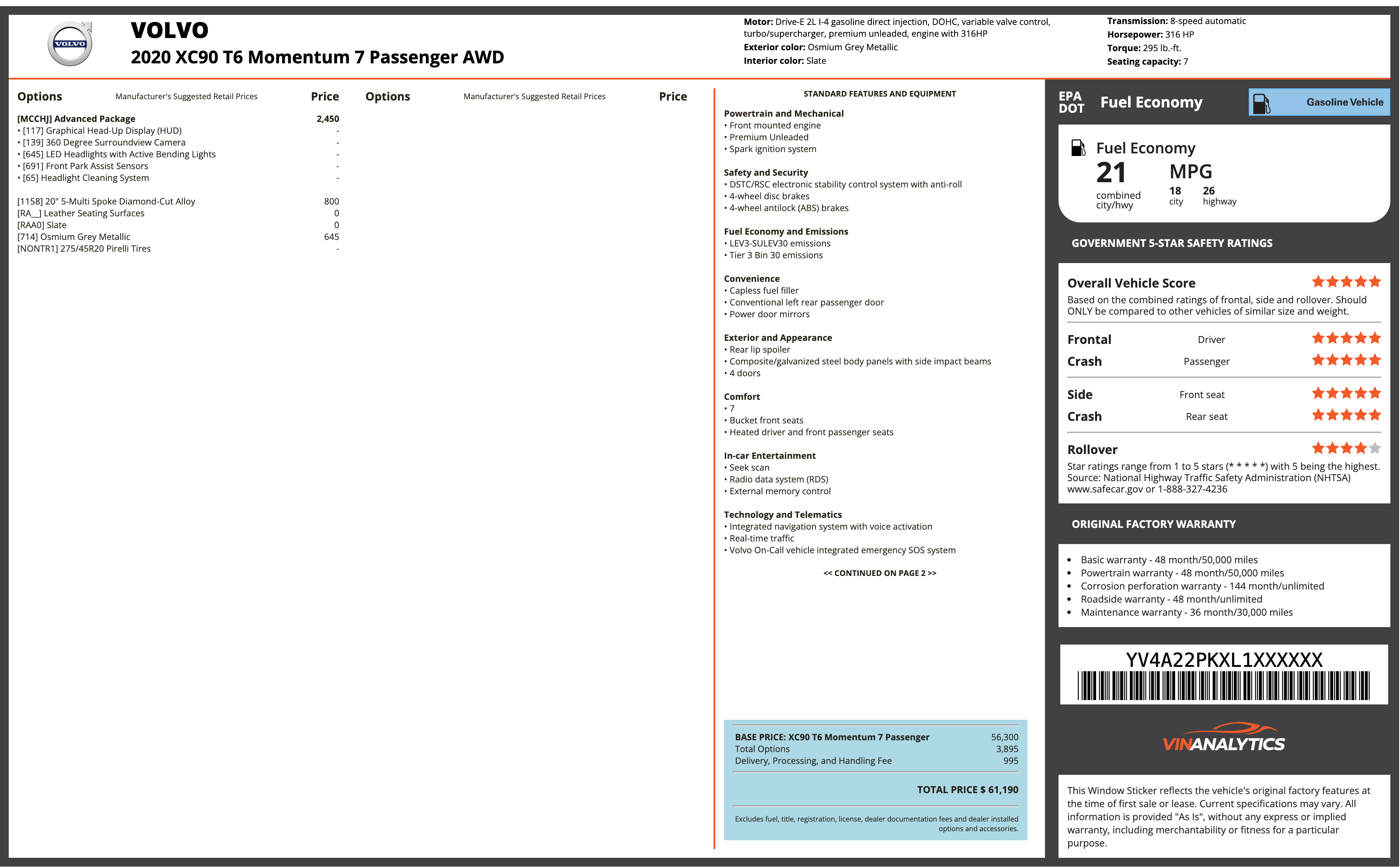 VOLVO window sticker example (Monroney label PDF)