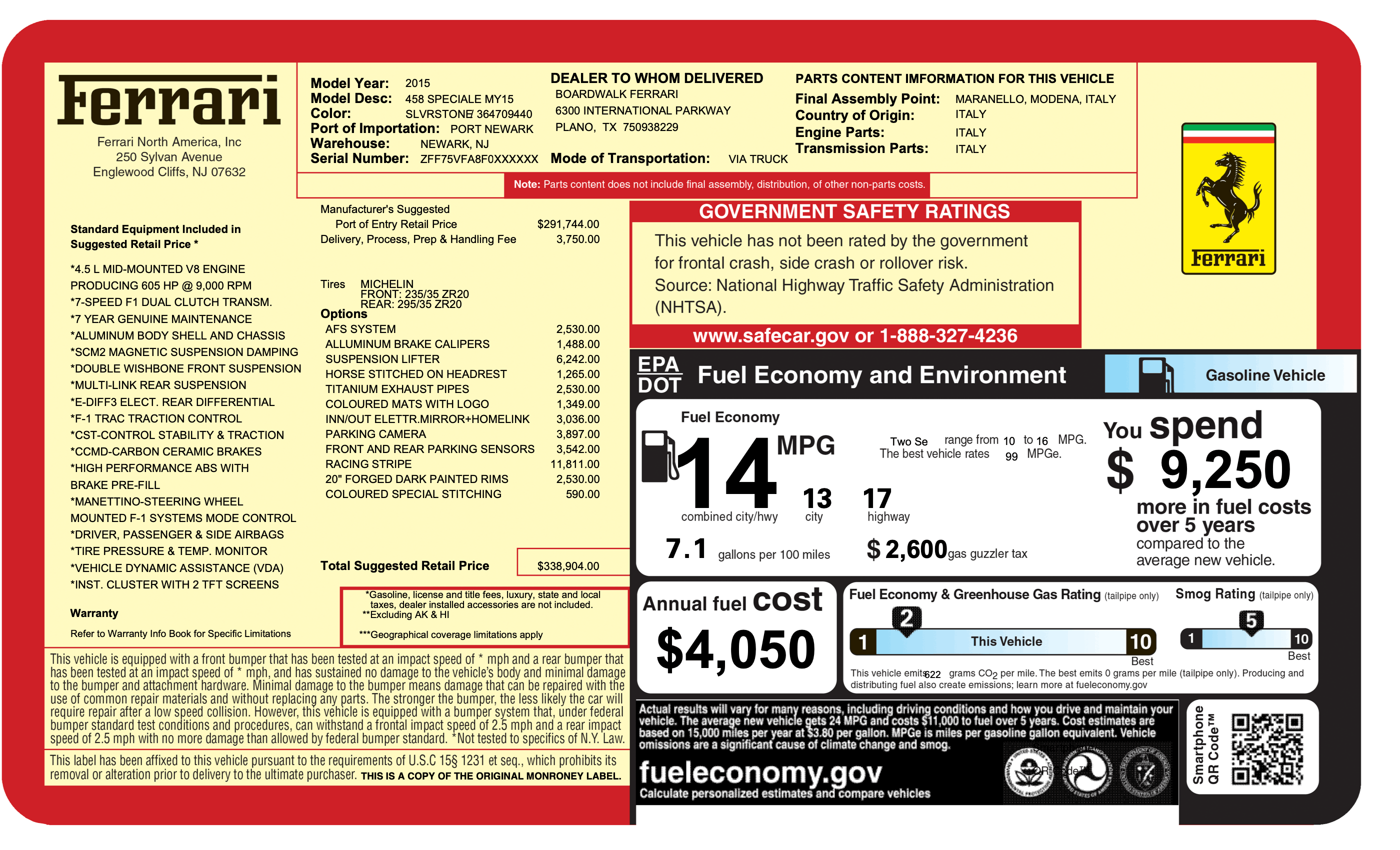 FERRARI window sticker example (Monroney label PDF)