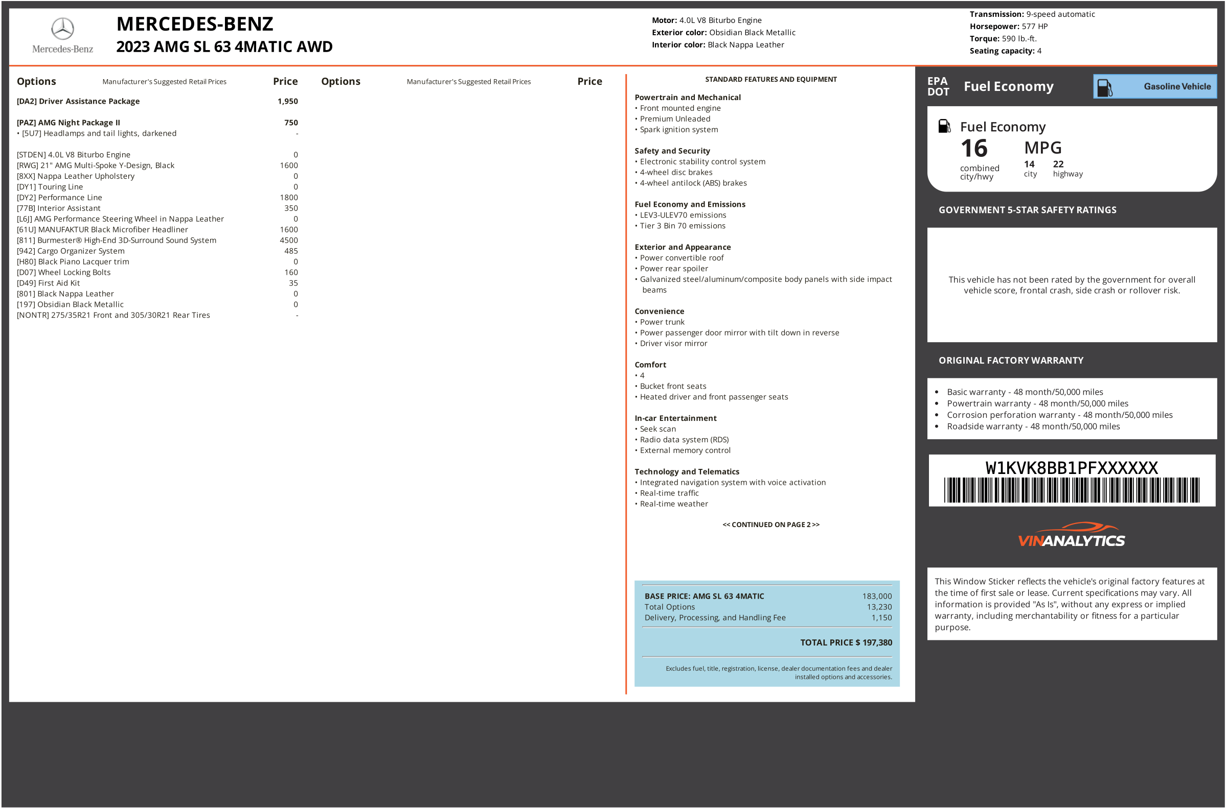 MERCEDES-BENZ window sticker example showing MSRP and options