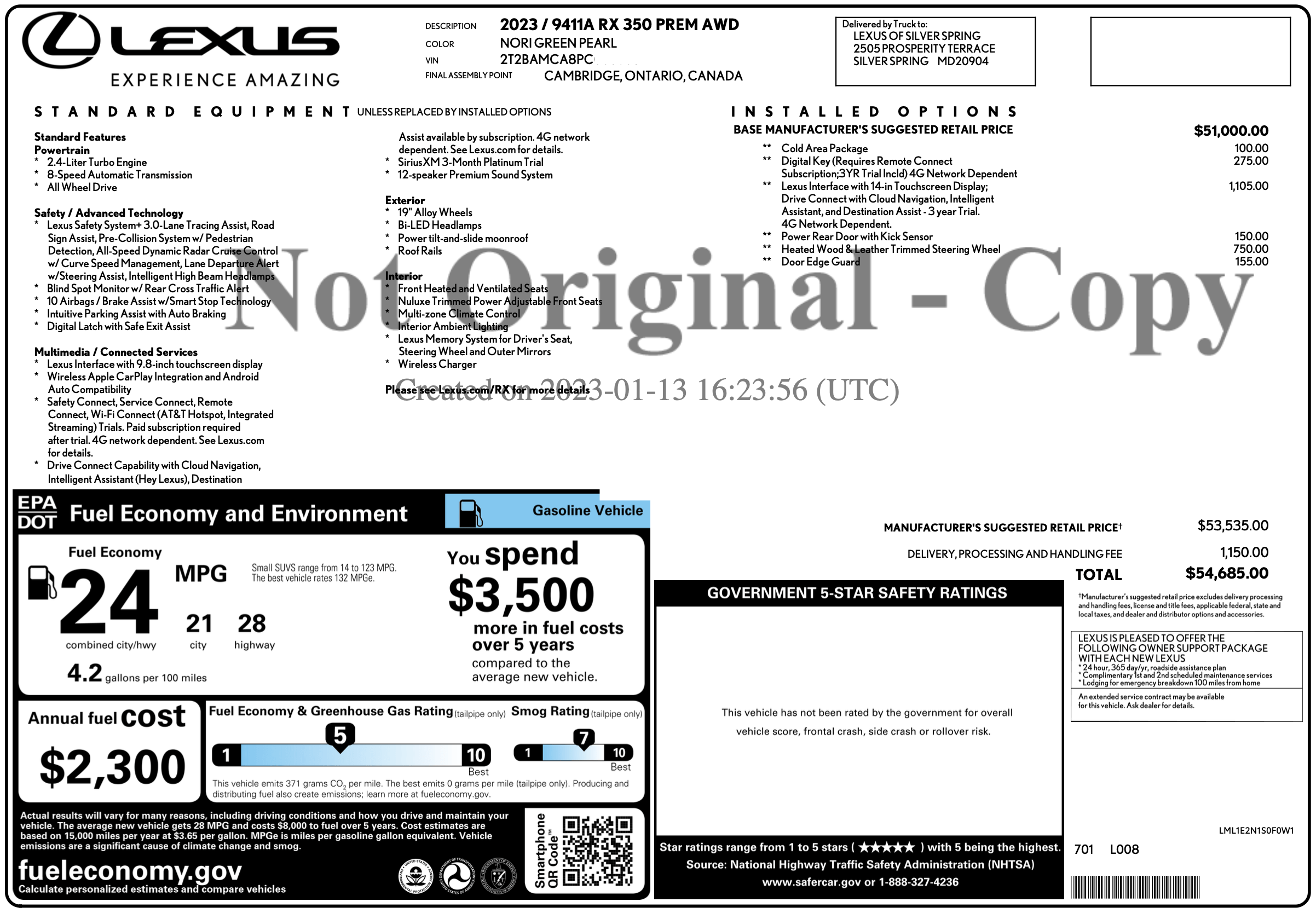 LEXUS window sticker example showing MSRP and options